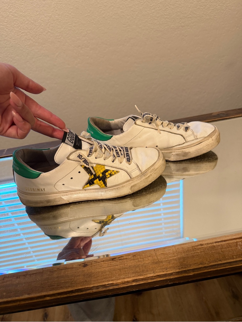 Golden Goose White Leather Sneakers with Yellow Star and Green Heel